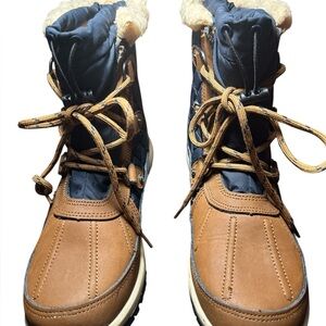 BearPaw Women’s Bethany Tan Blue Size‎ 7 Weatherproof Leather Nylon Boots